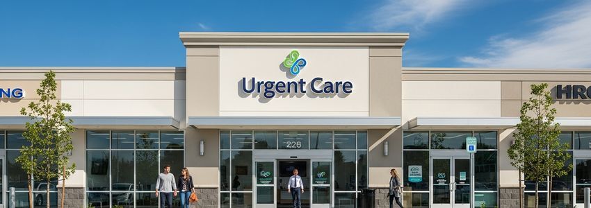 Modern urgent care franchise clinic exterior with patients, professional commercial photography