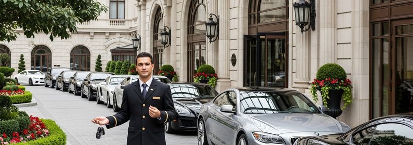 Valet parking attendant in uniform holding car keys at hotel entrance