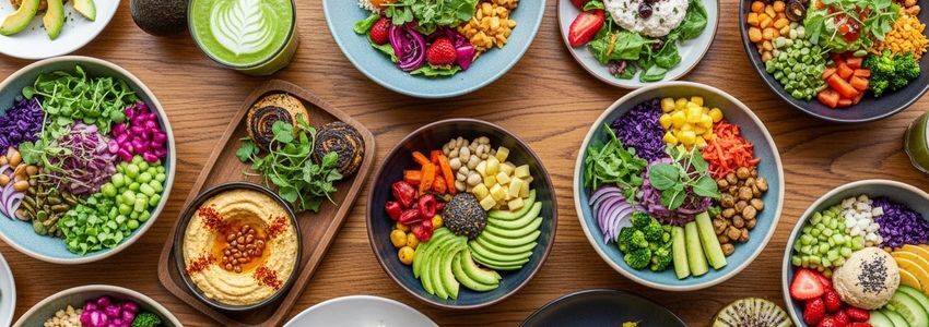 Colorful vegan restaurant dishes displayed on a wooden table representing plant-based restaurant financing