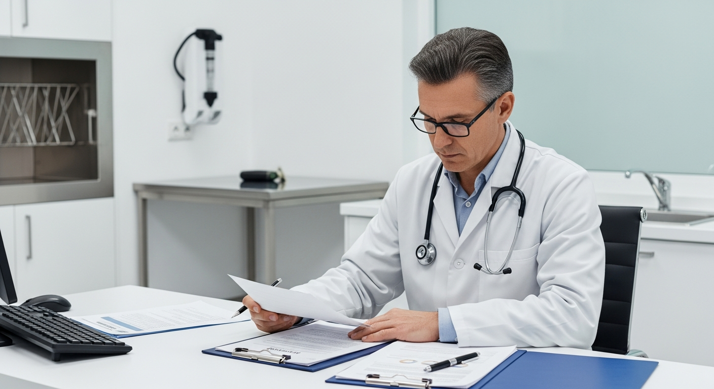 A professional veterinarian reviewing business financing documents at a modern veterinary clinic