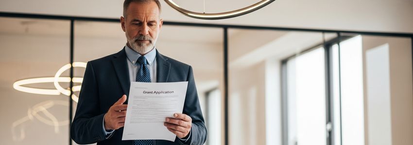 Veteran entrepreneur reviewing small business grant documents at a desk