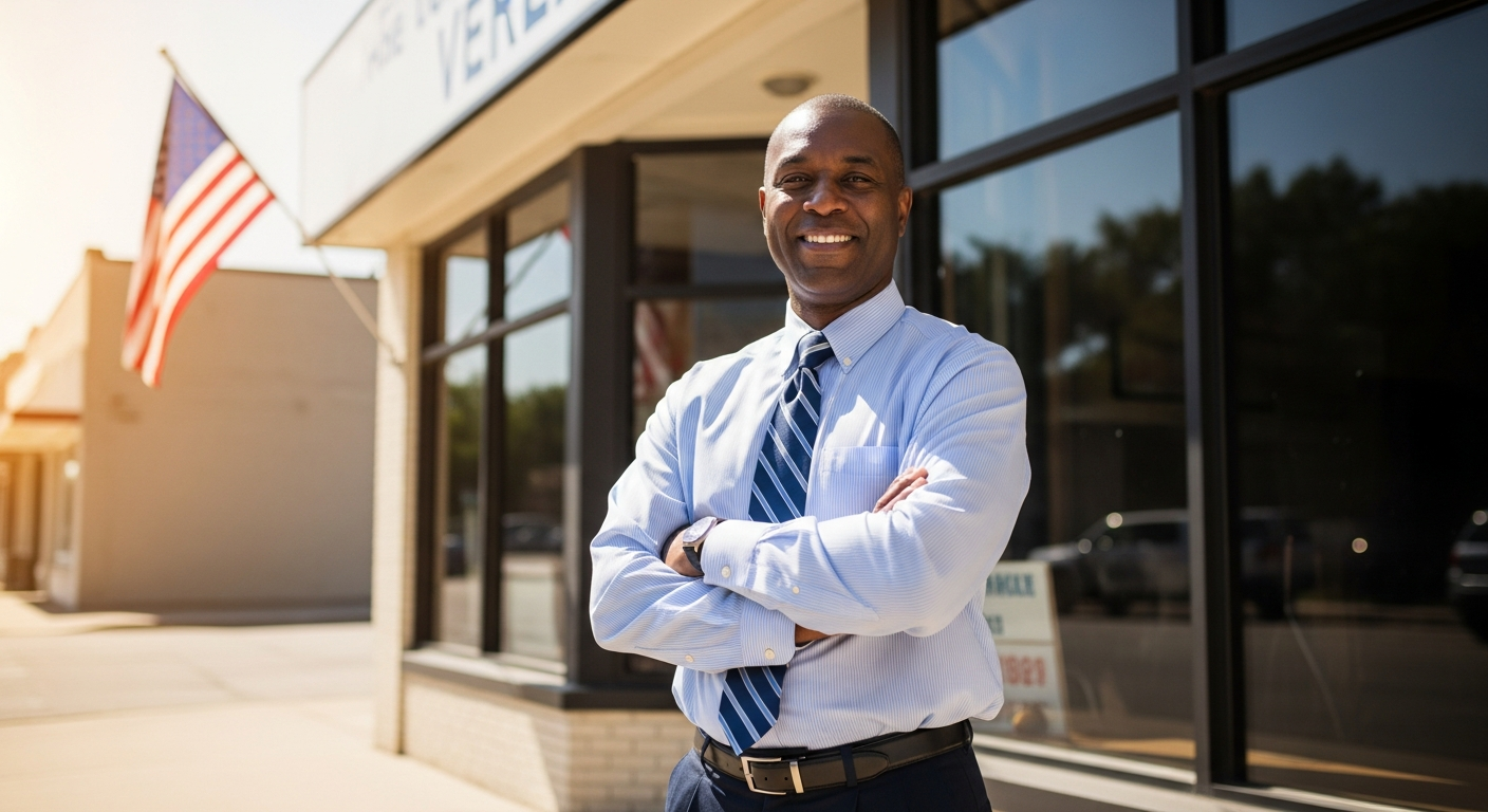 Veteran business owner standing confidently in front of his small business with an American flag in the background
