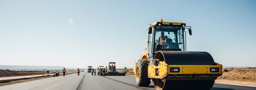 Vibratory roller compactor operating at a road construction site