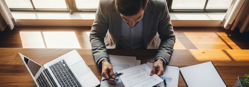 Small business owner reviewing loan documents in Warren Michigan office