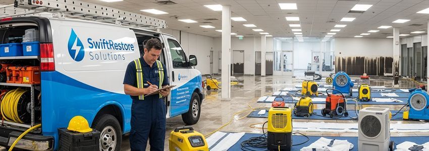 Water damage restoration technician reviewing documents beside branded company van with drying equipment