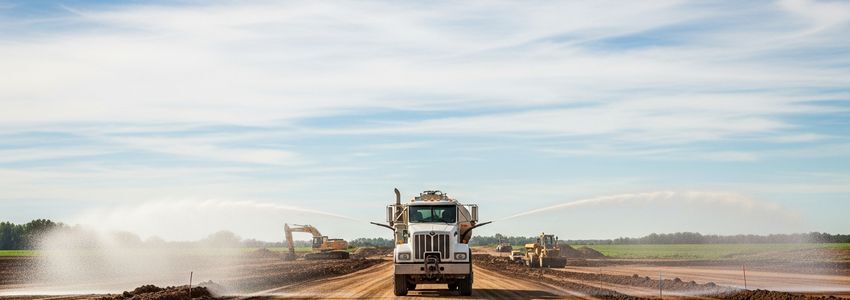 Large commercial water truck spraying dust suppression water on a construction site road