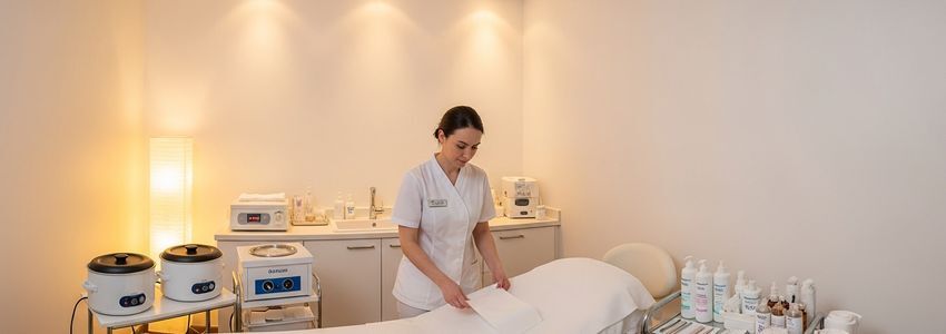 Professional waxing salon treatment room with esthetician preparing for a client session