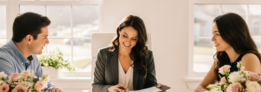 Wedding planner reviewing event plans with a couple at a bright professional office