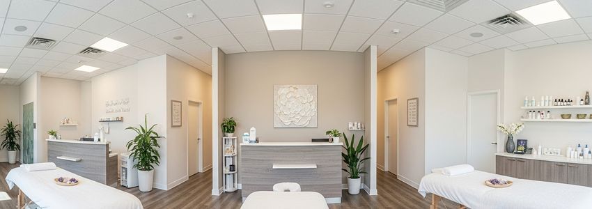 Modern wellness center interior with treatment tables and spa decor
