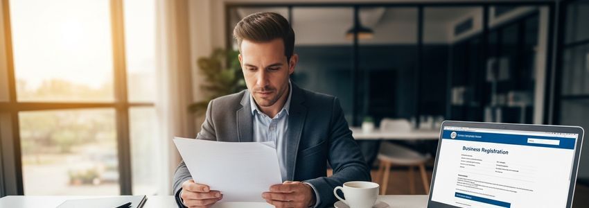 Business owner reviewing business registration documents and laptop showing DUNS number information