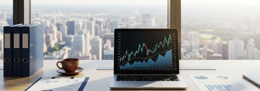 Professional business office workspace showing financial charts, laptop, documents and city views