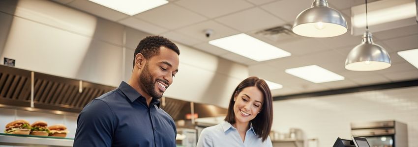 Which Wich franchise owner reviewing financing documents at restaurant counter