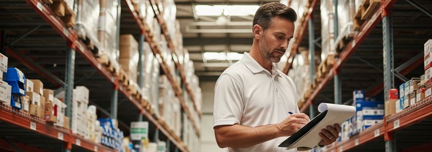 Wholesale warehouse manager reviewing inventory in a modern distribution center