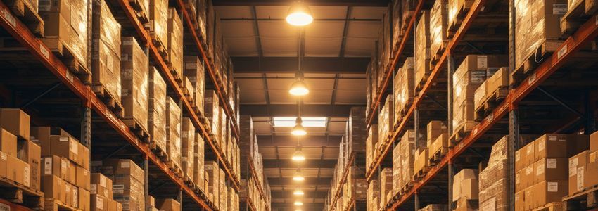 Modern warehouse interior with shelving units stocked with inventory for wholesale distribution operations