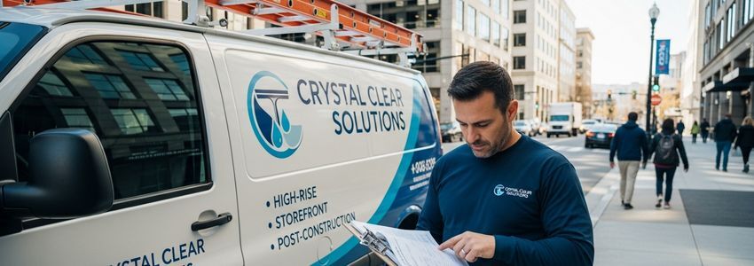 Window cleaning business owner beside branded service van reviewing loan documents