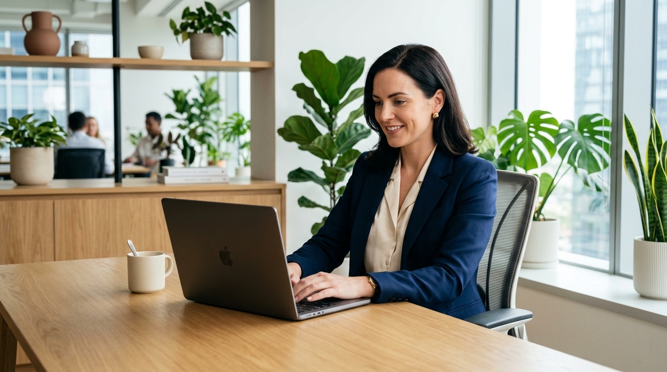 Professional woman entrepreneur reviewing business loan documents at a modern office desk
