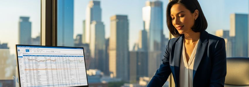 Professional woman business owner reviewing financial documents in a modern office setting