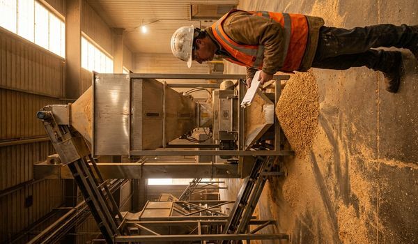 Worker in a hard hat and hi-vis vest inspecting an industrial pellet mill machine inside a wood pellet production plant