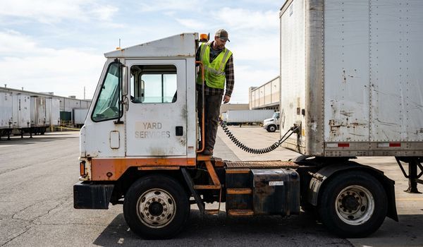 A yard spotter terminal tractor coupling with a semi-trailer at a distribution center freight yard, driver in high-visibility vest on the rear catwalk