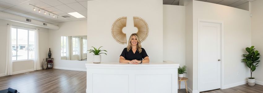 Yoga franchise studio owner at reception desk in a bright professional yoga studio