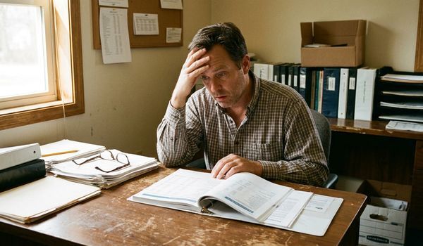Small business owner at a worn office desk reviewing financial paperwork with a concerned expression