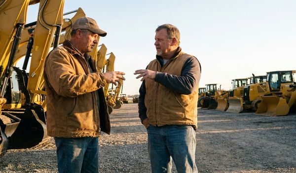 Two business owners discussing heavy equipment prices at a construction machinery dealership lot with excavators