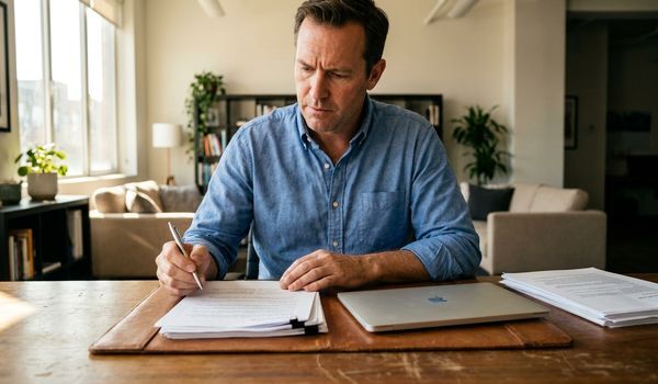 Small business owner reviewing business financing documents at his desk, reflecting on past borrowing decisions