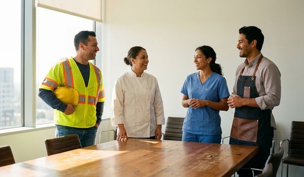 Four small business owners from the construction, restaurant, healthcare, and retail industries standing together in a bright office conference room