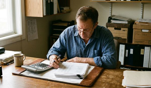 Small business owner reviewing financial statements with a calculator at a wooden office desk