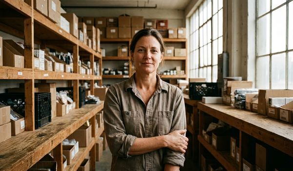 Small business owner standing in a retail stockroom among shelves of boxed inventory