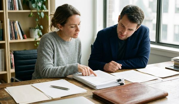 Small business owner and loan advisor reviewing paper loan documents at a wooden desk in a bright modern office