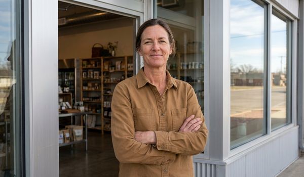 Small business owner standing at the entrance of her newly expanded retail storefront location