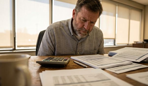 Small business owner reviewing financial reports and working capital figures at an office desk with a calculator