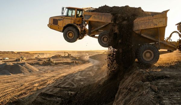 Yellow articulated dump truck dumping a load of soil at a large earthmoving construction site