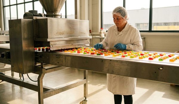 Food production worker in a white coat and hairnet inspecting colorful gummy candies moving along a stainless steel depositing machine conveyor in a manufacturing facility