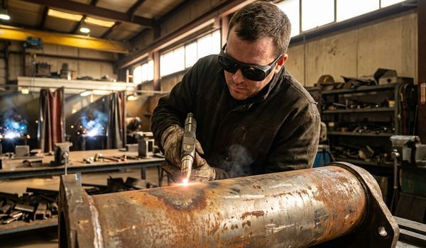 A technician in protective glasses operating a handheld laser cleaning machine on a rusted steel pipe inside a metal fabrication workshop