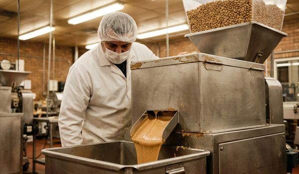 Food production worker in a white coat and hairnet inspecting a stainless steel industrial nut butter grinder dispensing fresh peanut butter into a collection bin