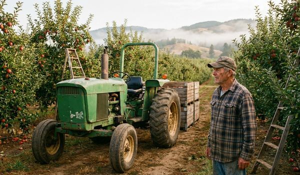 Orchard owner standing beside a green utility tractor between rows of apple trees in a commercial orchard