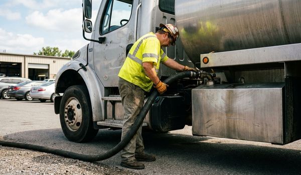 Worker in a high-visibility vest connecting an industrial hose to a used oil collection tanker truck at an auto service center