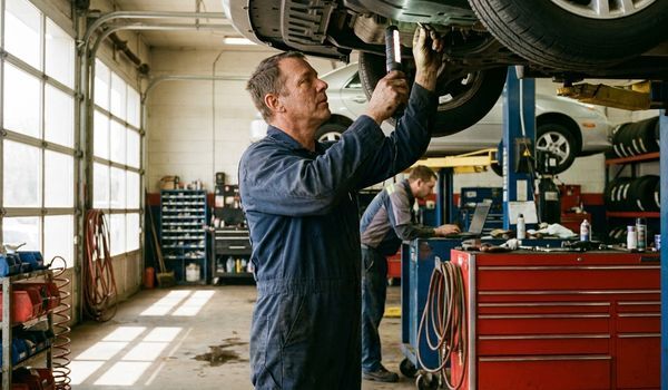 Mechanic in navy coveralls inspecting the undercarriage of a sedan on a lift inside a busy auto repair shop
