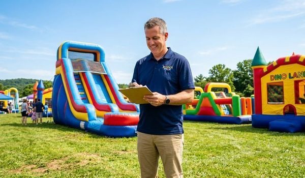 Party rental business owner reviewing his commercial inflatable bounce house and water slide fleet at an outdoor event venue