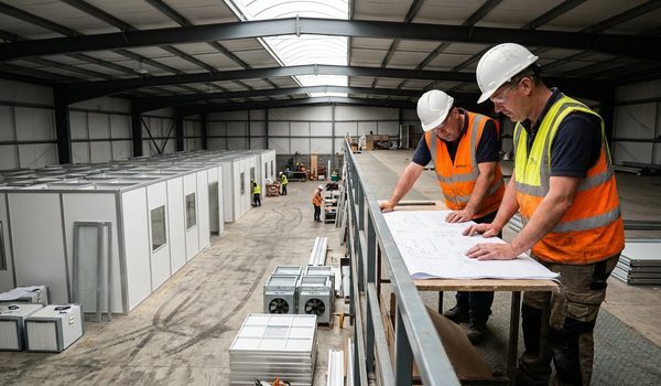Construction professionals in hard hats and safety vests reviewing blueprints during modular cleanroom installation inside a commercial facility