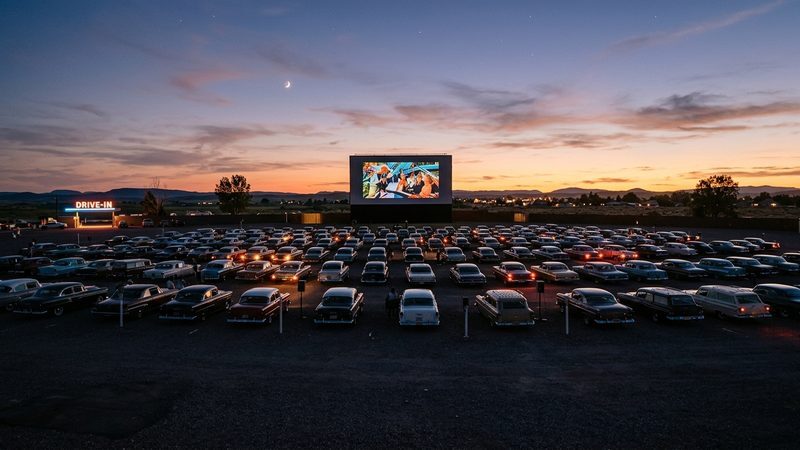Cars facing a glowing movie screen at a drive-in theater at dusk