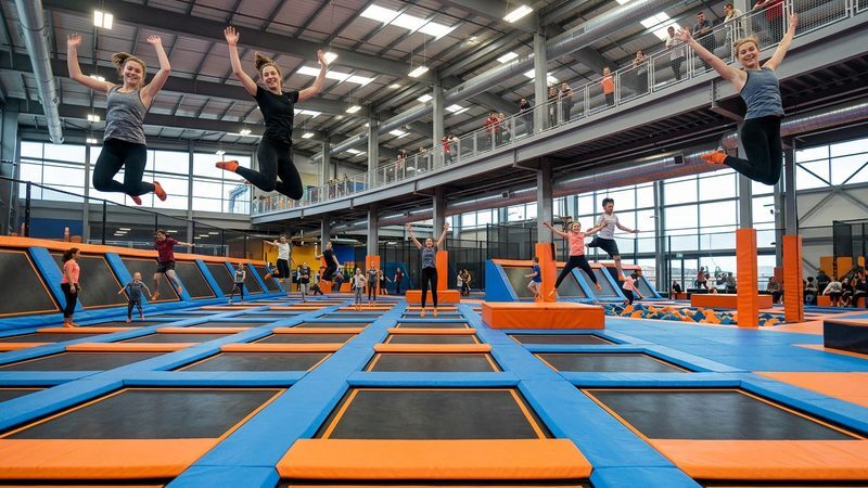 People jumping on interconnected courts inside a modern indoor trampoline park