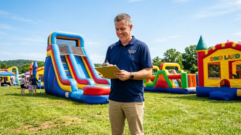 Party rental business owner reviewing his commercial inflatable bounce house and water slide fleet at an outdoor event venue