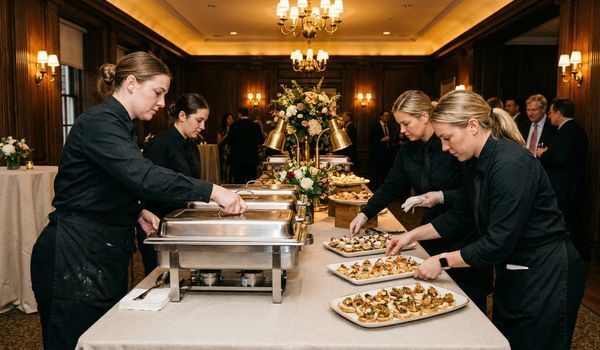 Professional catering staff in black uniforms arranging appetizers and chafing dishes at an upscale catered event