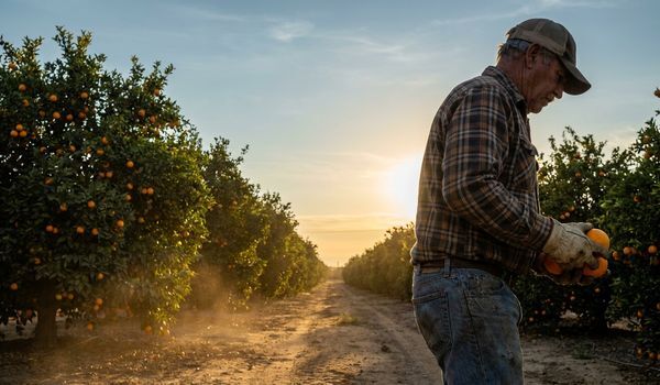 A citrus grower in a plaid shirt and cap inspecting ripe oranges between rows of trees in a commercial grove at golden hour