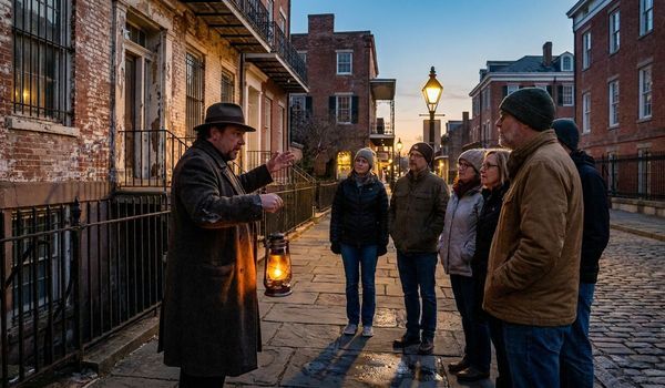 Ghost tour guide holding a lantern while leading tourists on a haunted evening walking tour through a historic brick district