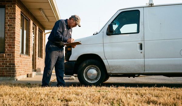 Pest control technician in navy uniform with clipboard inspecting a commercial building exterior beside a white service van
