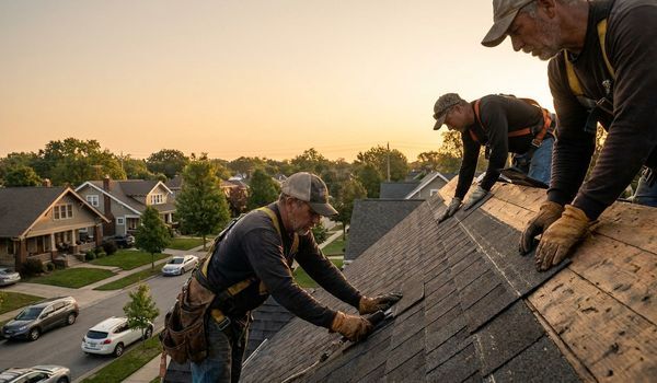 Roofing contractors installing asphalt shingles on a residential roof at sunrise